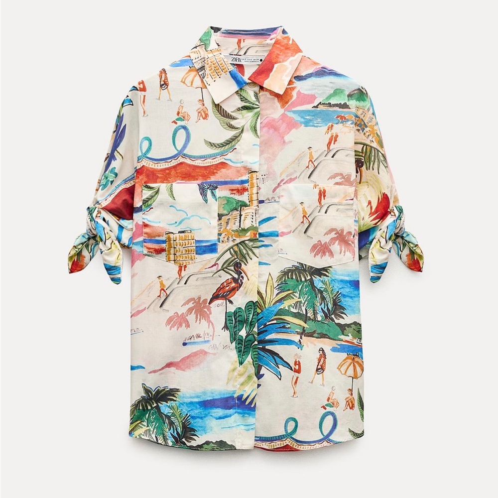 Zara Multicolor Tropical Print Tie-Sleeve Cotton Shirt